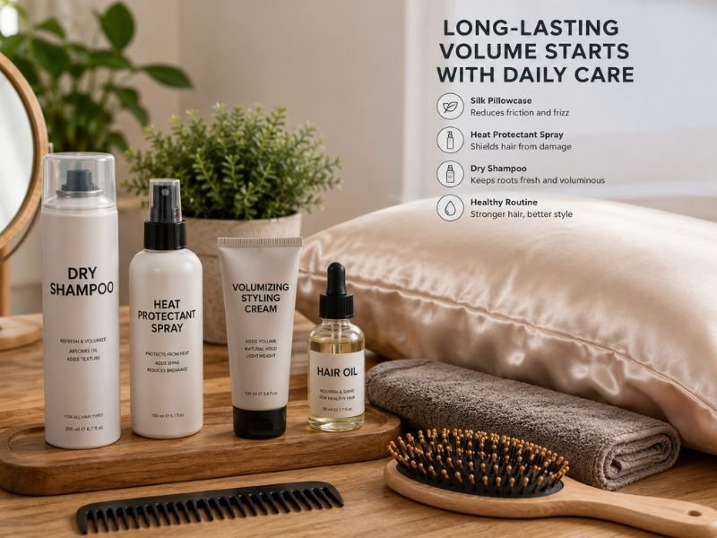 Hair care products and silk pillowcase for maintaining fluffy hair