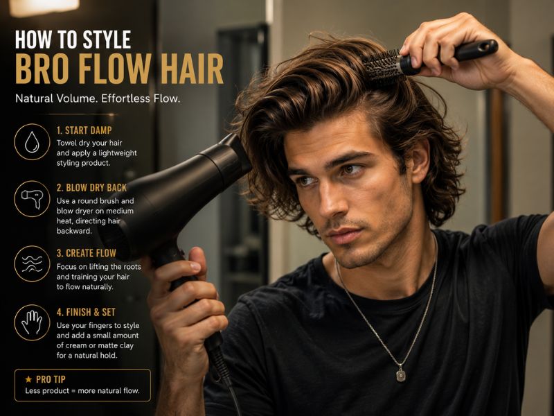 Styling bro flow hair by blow drying for natural volume and movement