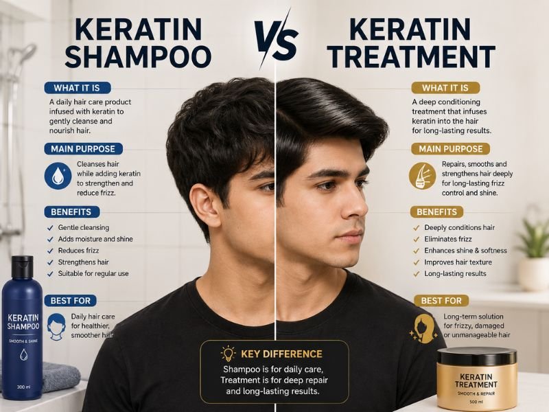 Boy comparing Keratin Shampoo vs Keratin Treatment.