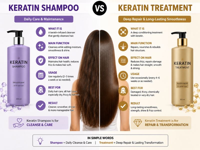 Keratin Shampoo vs Keratin Treatment infographic comparing hair care benefits, usage, and results.
