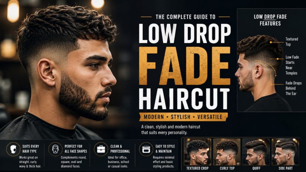 Modern low drop fade haircut with textured top and clean beard