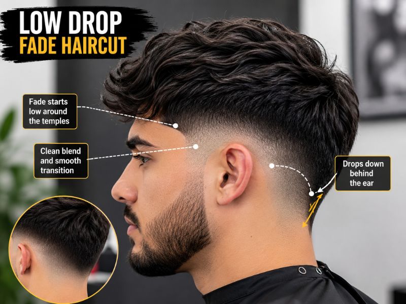 Side profile showing a low drop fade haircut with a smooth curved fade behind the ear.