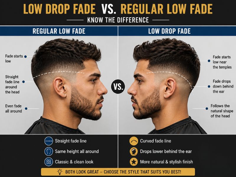 Comparison between a regular low fade and a low drop fade haircut