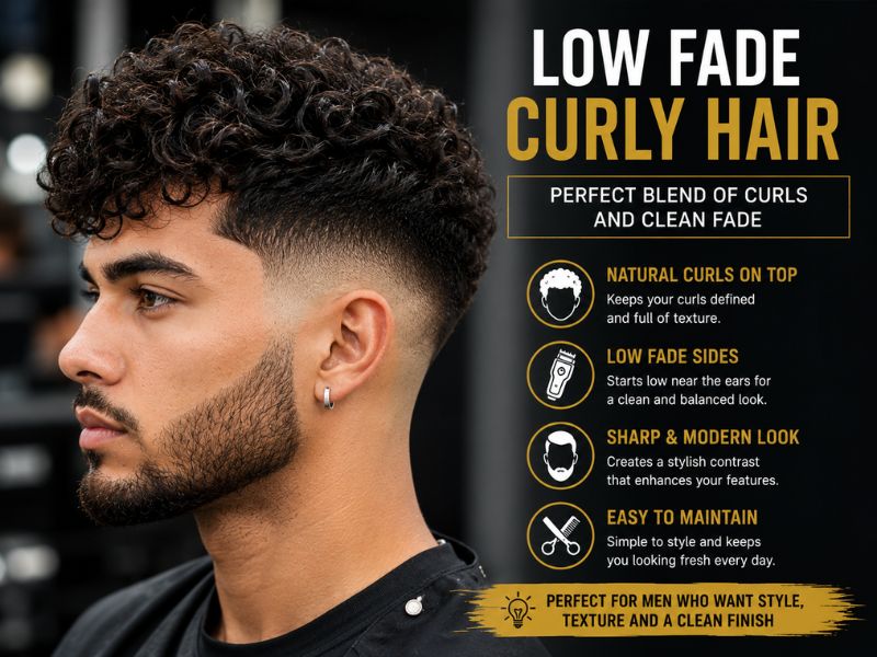 Low fade haircut with natural curly hair for men