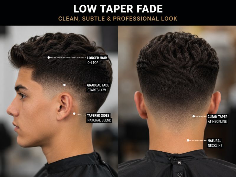 "Modern Low Taper Fade haircut showing a clean fade around the ears and neckline"