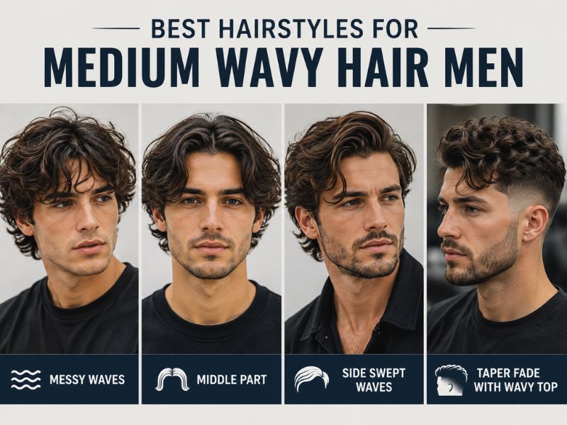 Popular medium wavy hairstyles for men including taper fade and side swept waves