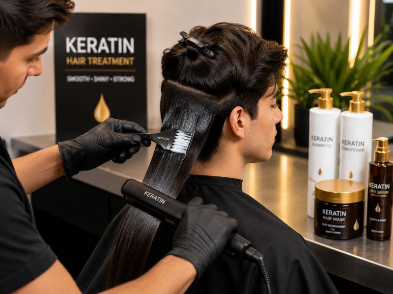 Professional hair care keratin treatment process in a salon