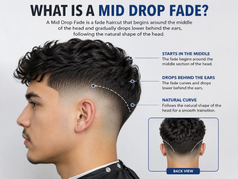 Mid Drop Fade haircut illustrating curved fade dropping behind the ear