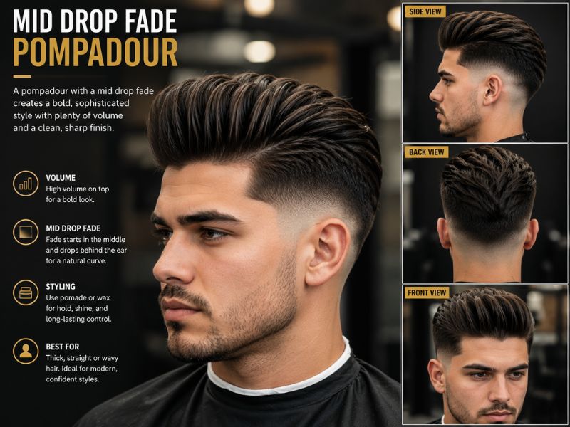 Mid Drop Fade pompadour hairstyle with volume and sharp fade
