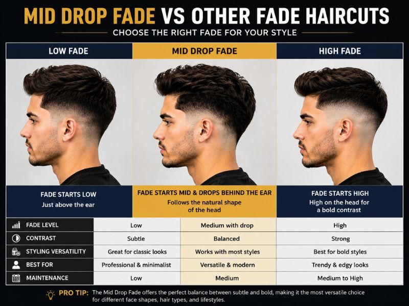 Mid Drop Fade vs Low Fade vs High Fade haircut comparison