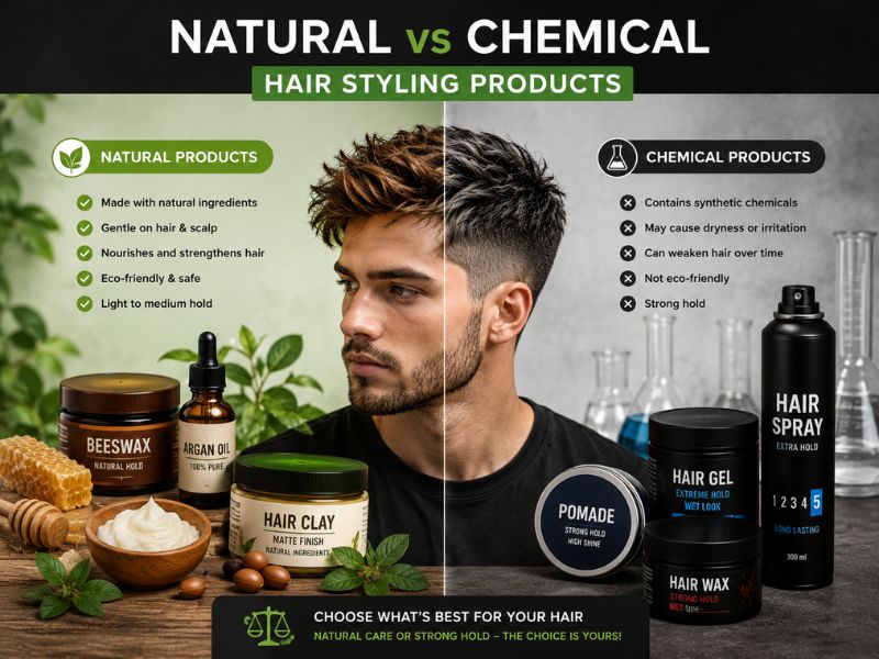 Natural and chemical hair styling products comparison for men