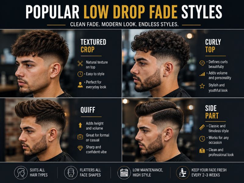 Popular low drop fade haircut styles including textured crop, quiff, curly top and side part