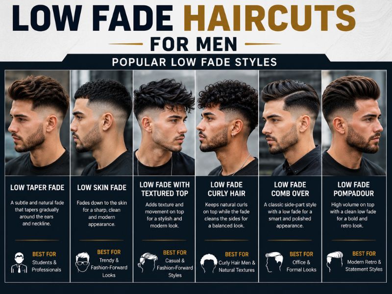 Different types of low fade haircuts for men including taper fade skin fade and pompadour