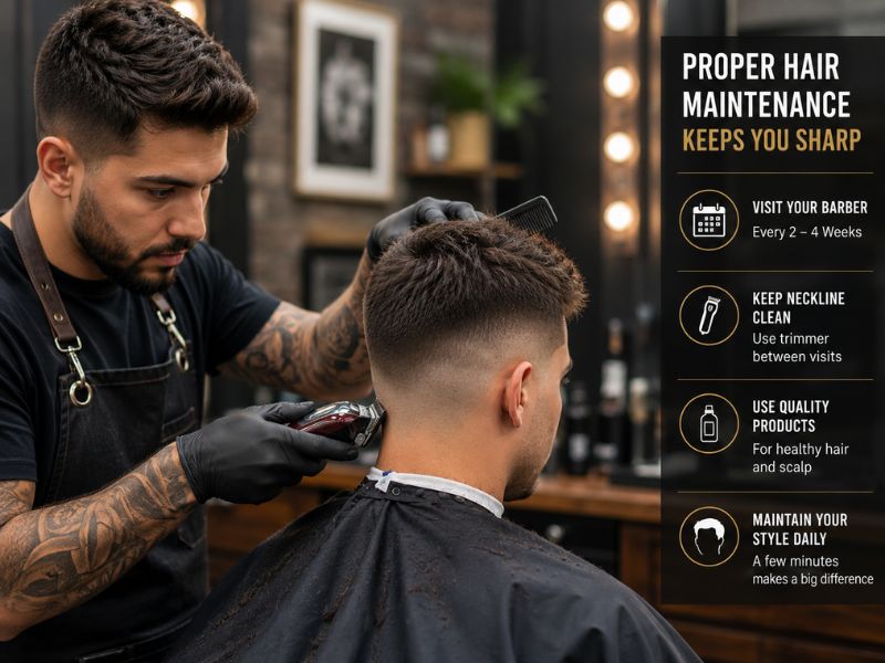 "Barber maintaining a clean short haircut and fade for men"