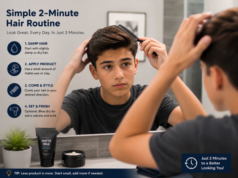 Quick two-minute hairstyle routine for boys using a comb and light styling product.
