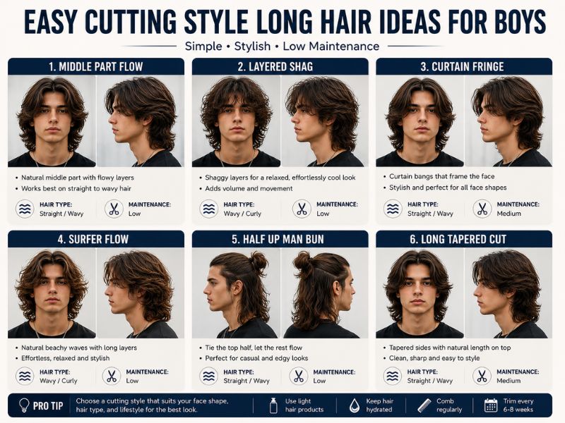 "Easy long hairstyles for boys including half up style ponytail natural flow and braids"