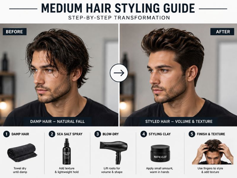 "Before and after styling medium hair showing transformation using sea salt spray and styling clay"