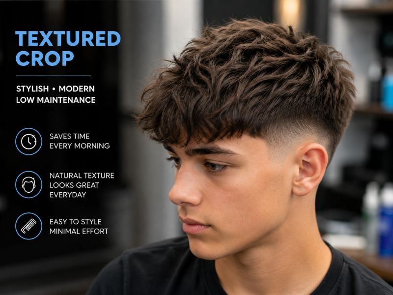 Modern textured crop hairstyle for boys with easy daily maintenance.