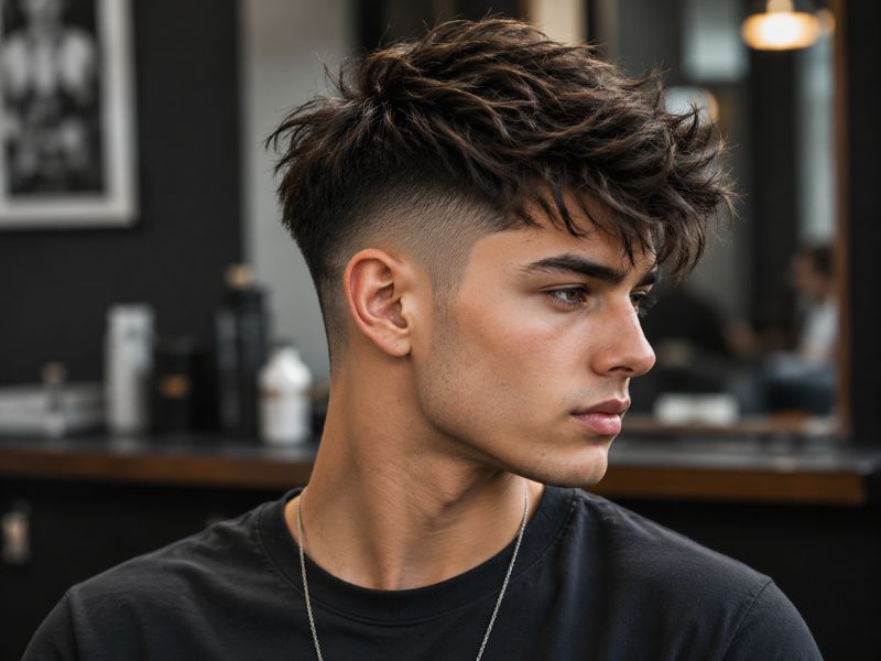 "Textured undercut hairstyle with short sides and longer top"