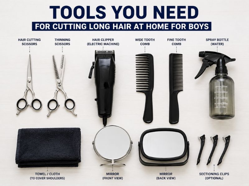 Essential hair cutting tools needed to Cut Long Hair at Home for Boys