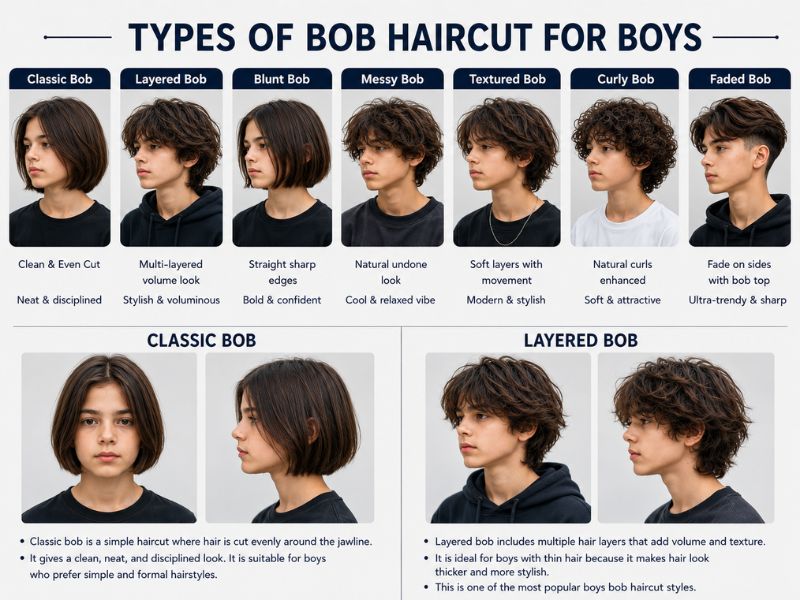 Classic and layered bob haircut styles for boys showing clean and textured modern hairstyles