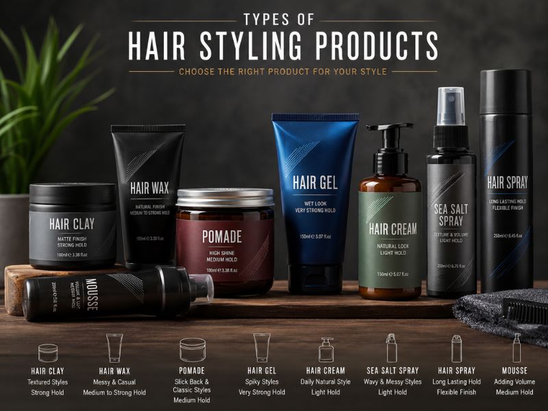 Different types of hair styling products for men including wax clay pomade gel and cream