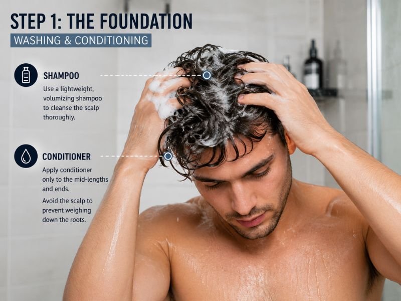 Using volumizing shampoo and conditioner for fluffy hair routine