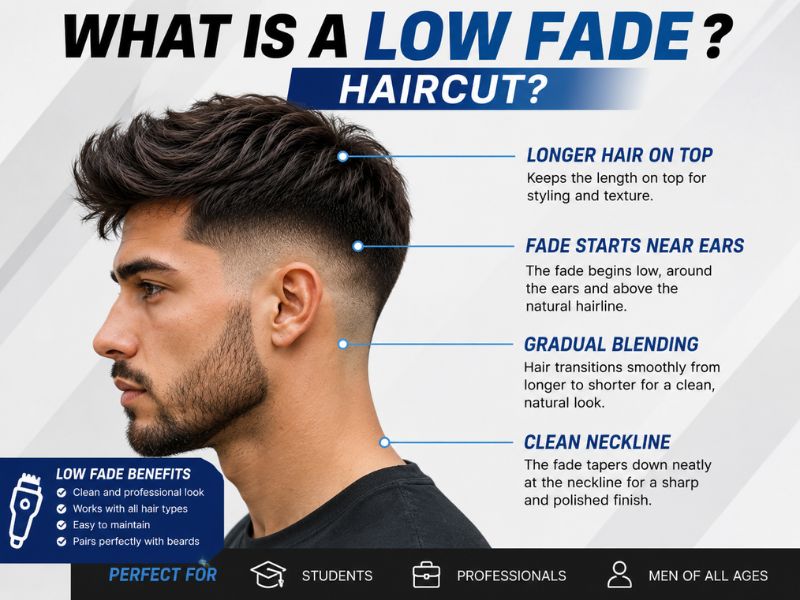 Diagram showing how a low fade haircut gradually blends near the ears and neckline.