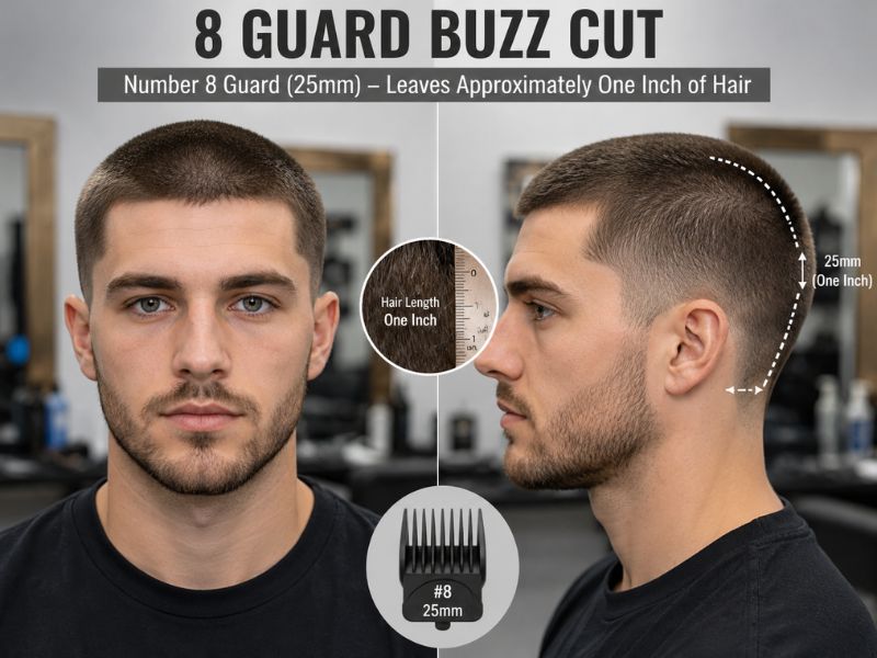 Number 8 guard buzz cut showing approximately one inch hair length
