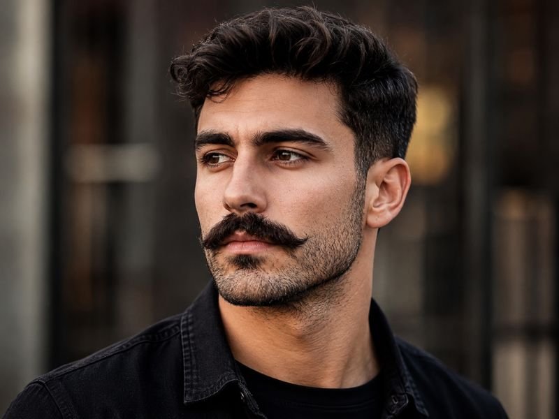 Beard stache highlighting strong jawline and masculine facial features