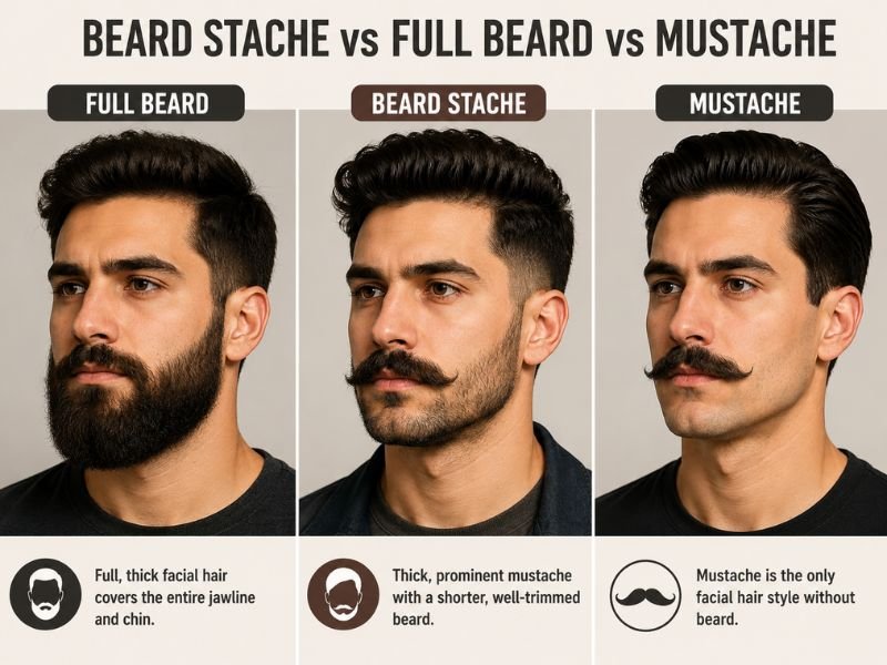 Comparison of beard stache, full beard, and classic mustache styles