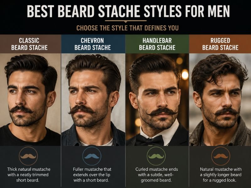 Popular beard stache styles for men including classic, chevron, handlebar, and rugged looks