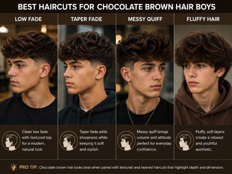 Best chocolate brown hairstyles for boys including fade quiff and fluffy hair