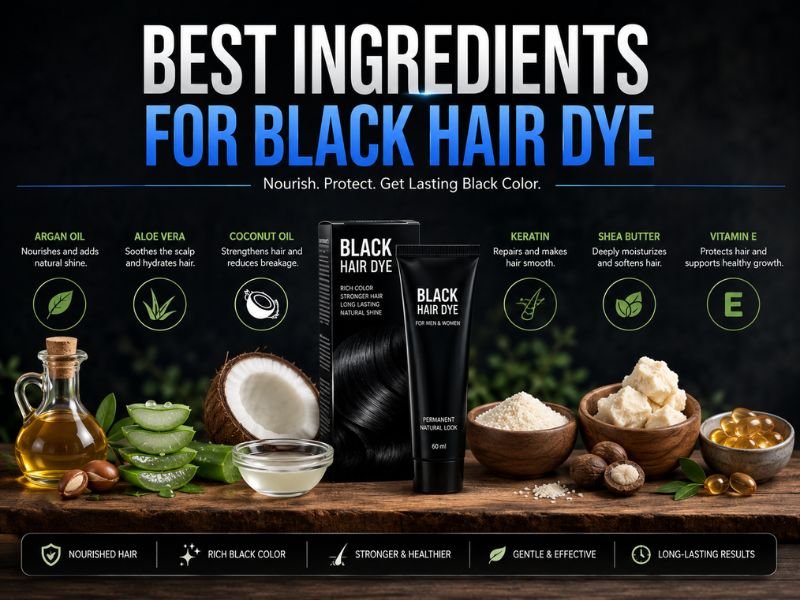 Hair dye ingredients including argan oil, aloe vera, keratin, and coconut oil