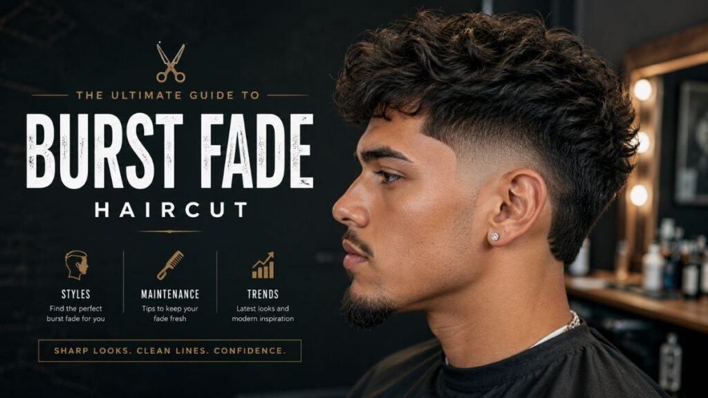 Modern burst fade haircut with textured top and clean curved fade around the ear
