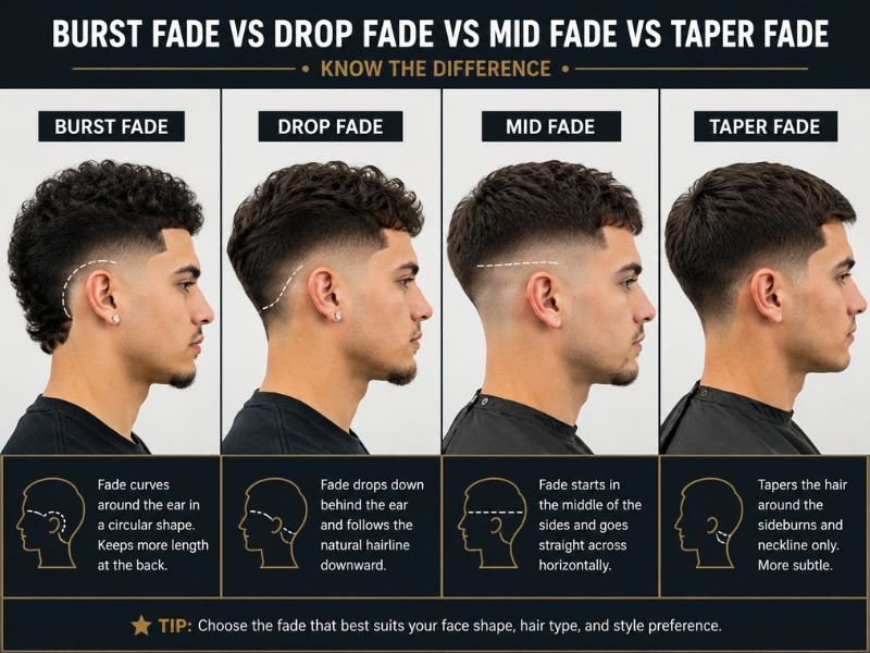 Burst Fade vs Drop Fade vs Mid Fade vs Taper Fade comparison