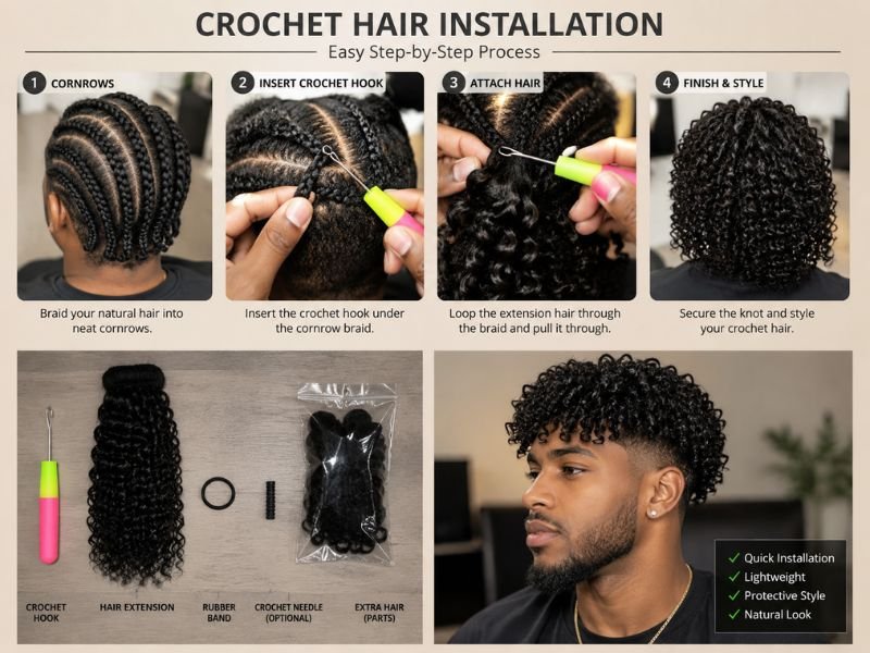 Step by step crochet hair installation using cornrows and crochet hook