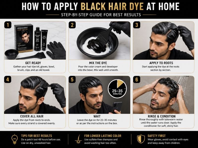 Step by step process of applying black hair dye at home