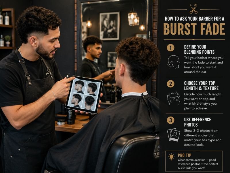 Barber consulting with a client before creating a burst fade haircut