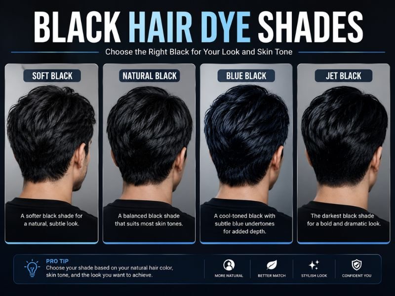 Different shades of black hair dye from soft black to jet black