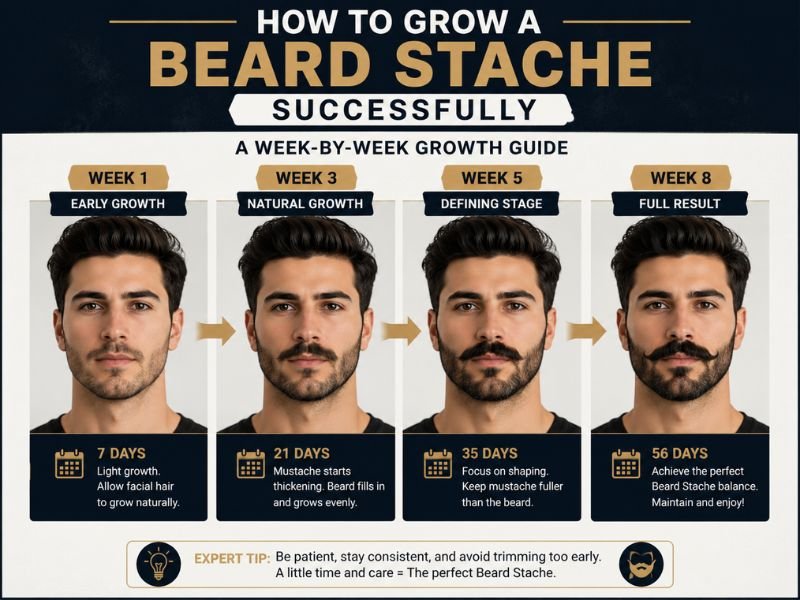 Beard stache growing stages from week 1 to week 8