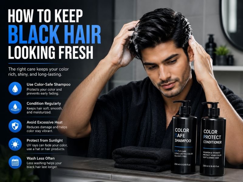 Maintaining black hair dye with color-safe shampoo and conditioner