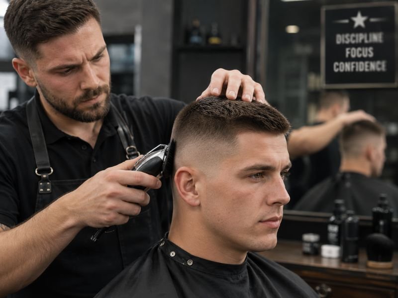 Barber giving a clean crew cut military haircut with clippers