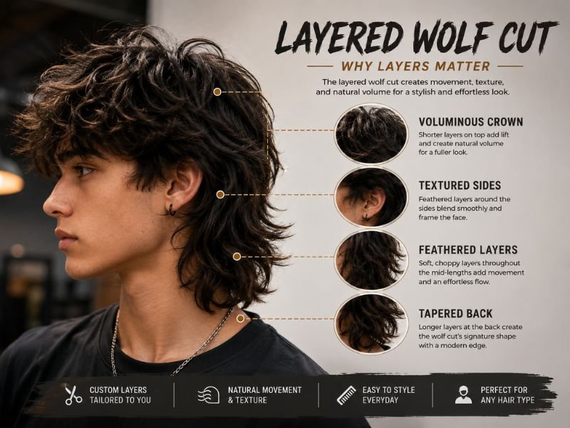 Layered wolf cut hairstyle for boys with textured layers