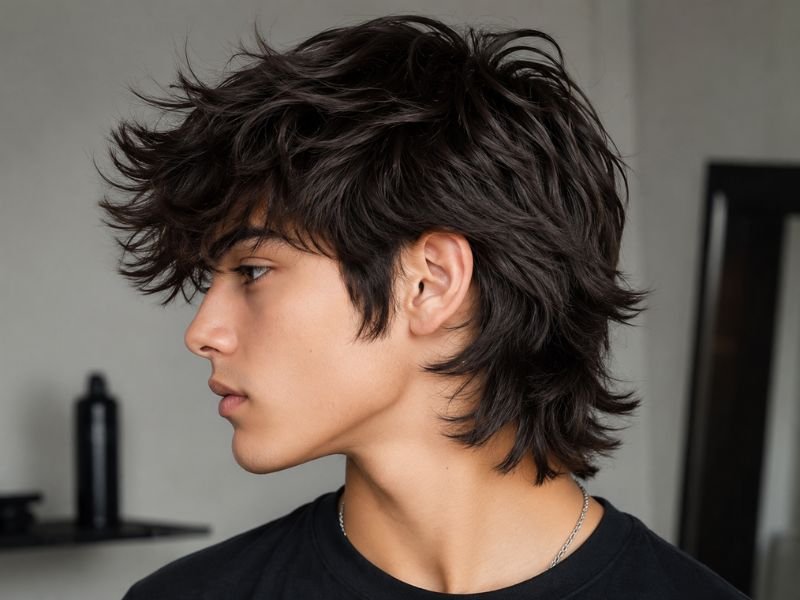 Layered wolf cut hairstyle showing textured layers and feathered ends