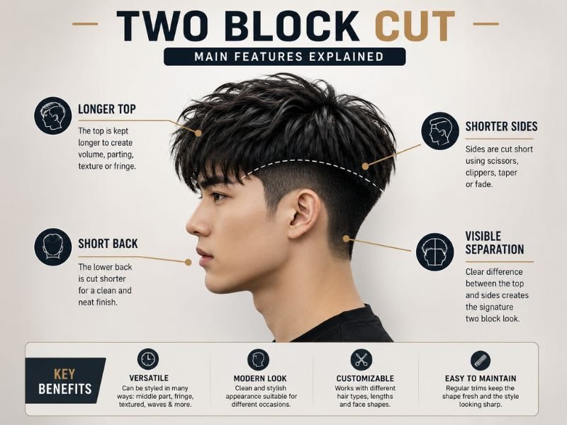 Diagram showing the main features of a men's two block haircut
