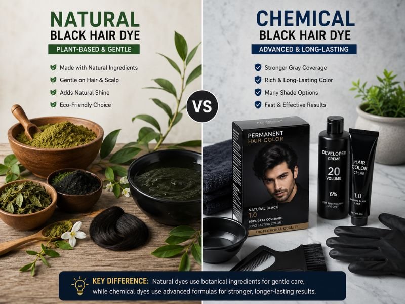 Natural vs chemical black hair dye comparison with herbal and professional products