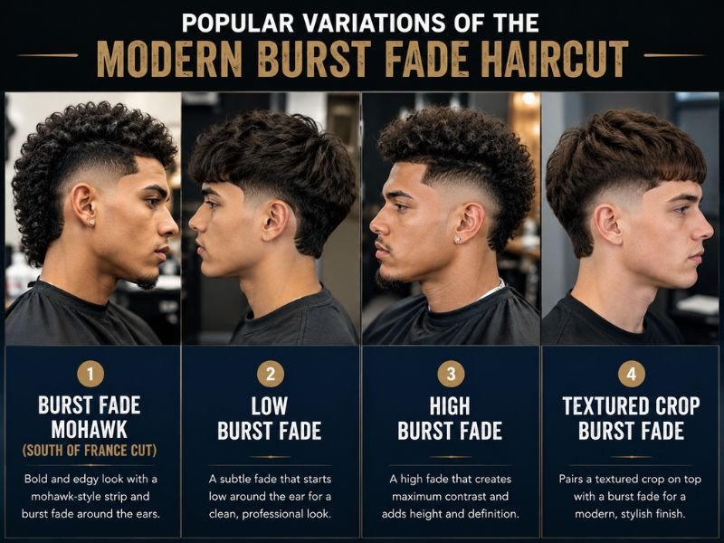 Different burst fade haircut styles including mohawk, low, high, and textured crop
