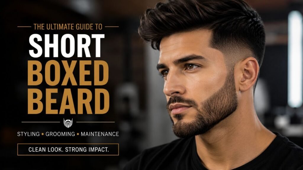 Short Boxed Beard style for men with modern fade haircut and clean professional look