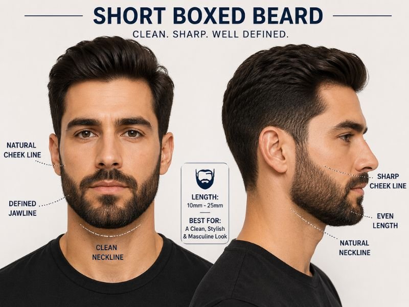 Short boxed beard with sharp cheek line and defined neckline